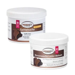 PFERDEfit by Loesdau Set Leder - Bienenwachs-Lederbalsam und Sattelseife mit Schwamm